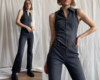 Vintage faded black denim zip up jumpsuit, sexy collared flare leg 90s y2k sleeveless jumpsuit, Small Medium size S M