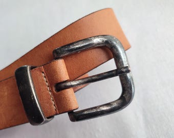 Vintage Cognac Brown Leather Belt, Distressed Blackened Buckle
