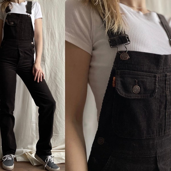 Vintage bruine corduroy overall met zakken, jaren '90 slim fit corduroy tuinbroek met rechte pijpen, extra kleine maat XXS