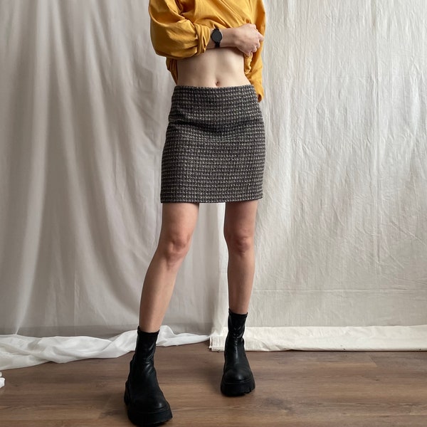 mini-jupe vintage taille haute en laine marron à carreaux, jupe courte de tailleur crayon sombre des années 90 et 2000, petite taille S