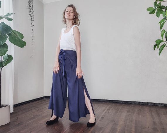 Vintage Wrap Pants in Blueish Deep Purple - Minimalist Boho Easy  