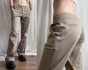 Vintage BOGNER Mid Waisted Wide Long Leg Pants, Y2K Baggy Side Pocket Cotton Trousers in Beige, Small Size S