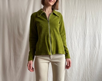 Vintage Green Velour Zip Up Jacket, 90s Y2K Collared Straight Cut Soft Cotton Jacket, Small Medium Size S M