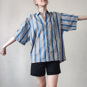 Vintage Striped Cartographic Print Button-Up - 90s Menswear Short Sleeve Shirt - Size M