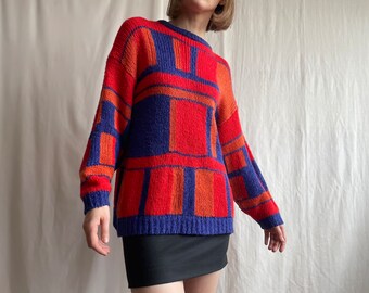 Vintage Wool Blend Knit Sweater, Vivid Color Geometric 70s Knitted Crewneck Pullover Jumper, Small Size S