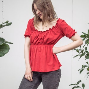 Vintage Red Milkmaid Top: Cotton Jersey Cottagecore Peasant Blouse
