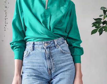 Vintage Reine Seide Damen Hemd - Kragen 80er Jahre Türkis Grüne Bluse - Größe S