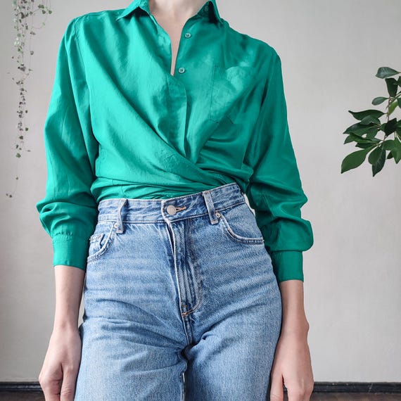 Vintage Pure Silk Womens Shirt - Collared 80s Turquoise Vintage Pure Silk Womens Shirt - Collared 80s Turquoise