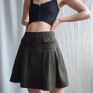 Vintage Club Monaco Pleated Mini Skirt in Dark Olive Green, High Waisted Wool Blend Front Button Skirt, Extra Small XS/S