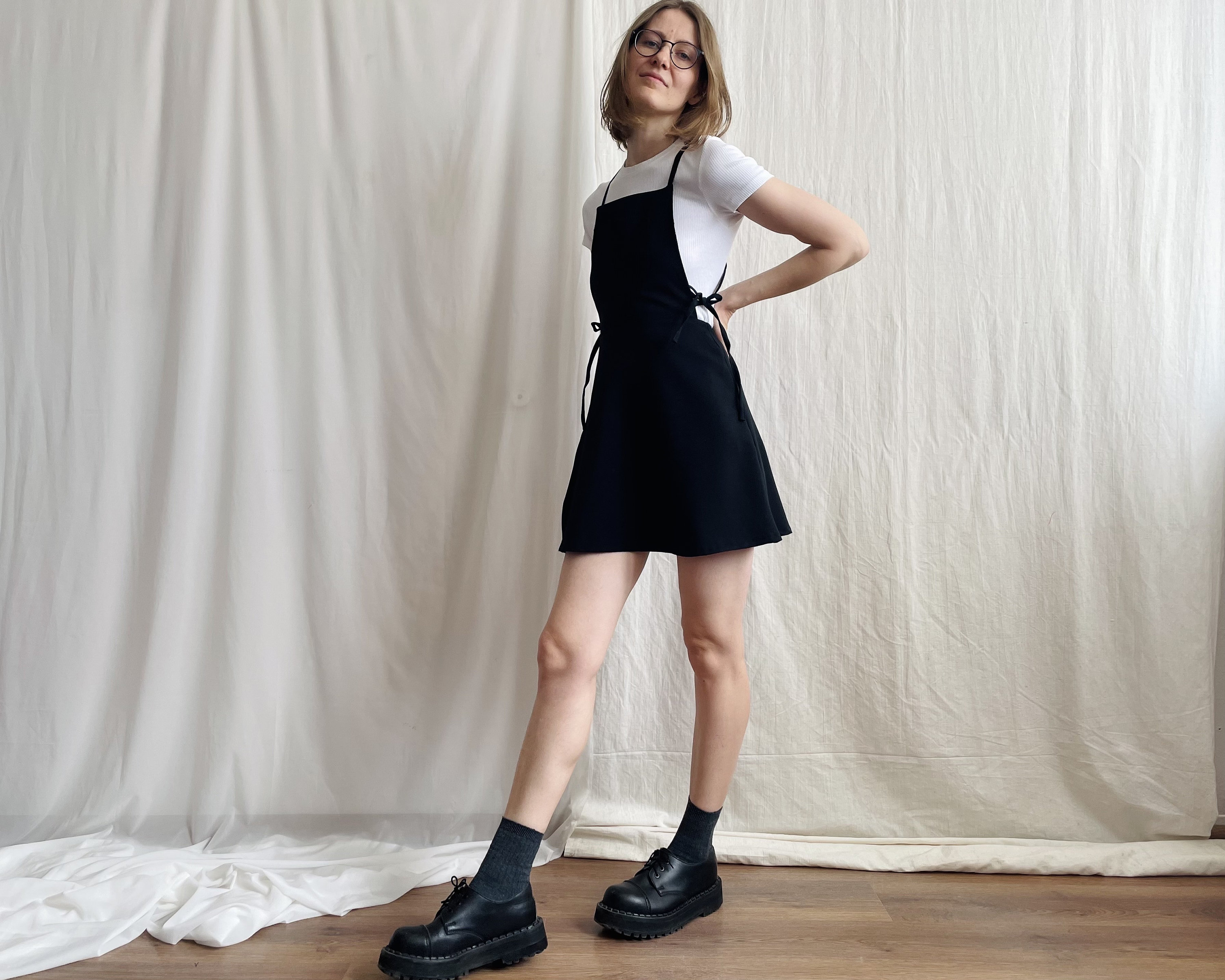 Vintage French Pinafore Mini Dress, Black Square Neck Crisscross