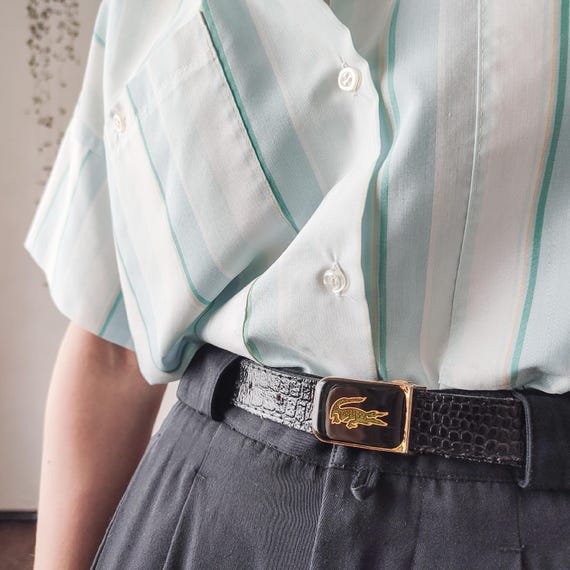 Vintage Black Shiny Croc Embossed Leather Belt With Alligator