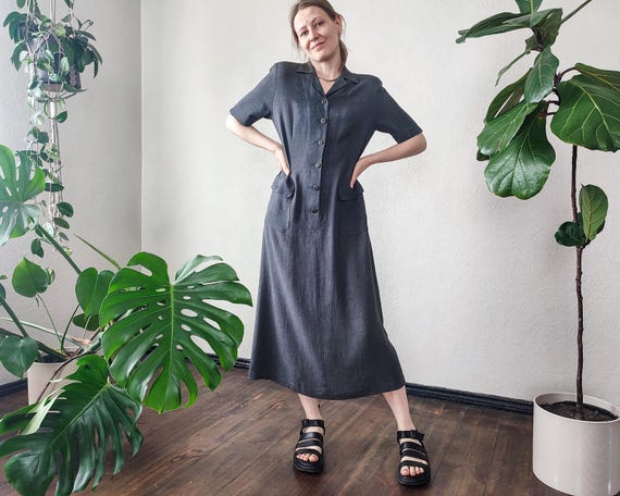 Vintage Japanese Shirt Dress - Charcoal Gray Minimalist Midi/Maxi - Size S Vintage Japanese Shirt Dress - Charcoal Gray Minimalist Midi/Maxi - Size S