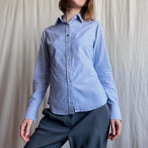 Vintage Blue White Striped Cotton Casual Button-Up Shirt, Women&#39;s Oxford Shirt, Extra Small Size XS