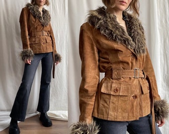 veste vintage boutonnée en daim marron fauve ceinturée avec fausse fourrure, veste courte en cuir véritable, petite taille moyenne S M