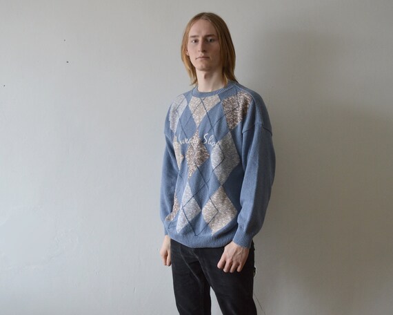 light blue argyle sweater