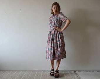 vintage botanical print midi dress front button shirt collar top pleated mid length skirt medium large size