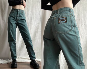 Vintage Hohe Taille Verjüngte Grüne Denim Hose, Klassische 90er Jahre Relaxed Fit Mom Jeans, Kleine Größe S