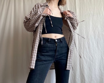 Vintage Long Sleeve Brown Check Tie Front Shirt, Oversized Collared Open Front Plaid Summer Blouse, Small Medium Large