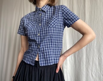 Blusa de algodón recortada de manga corta con cuadros azules vintage, top de camisa de verano con botones y cuello a cuadros, talla extra pequeña XS S