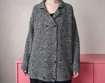 Vintage Double-Breasted Cardigan in Black & White - Oversized Rib Knit Melange Sweater - Size M