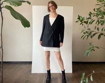 blazer noir sans col surdimensionné vintage, blazer de bureau chic à double poitrine, veste de costume des années 90 avec poches, petite taille moyenne grande
