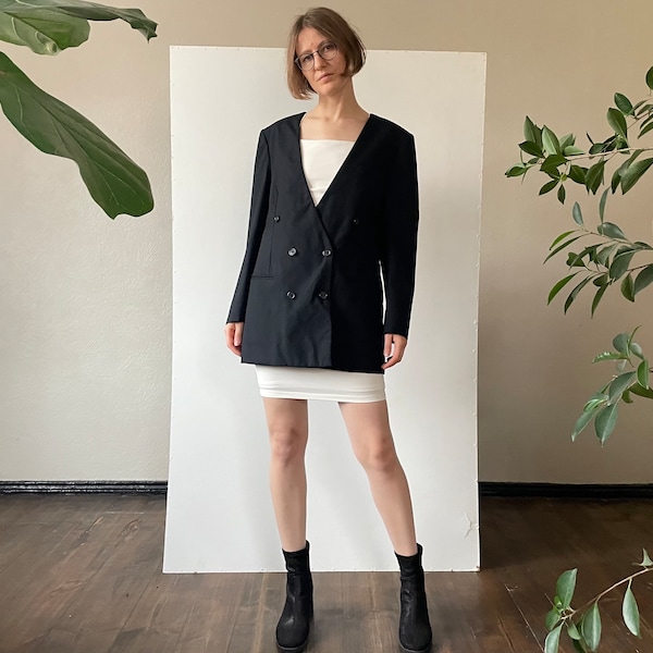 Vintage classy oversized collarless black blazer, double breasted chic office blazer, 90s suit jacket with pockets, Small Medium Large size