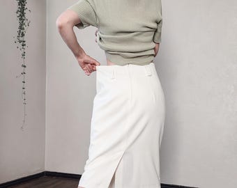 Vintage Ivory Wool Blend Pencil Midi Skirt - High Waist, Pockets