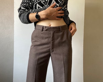 Vintage high waisted straight leg trousers brown, relaxed fit side pocket pants, crease-leg wool trousers, wide leg suit pants, small