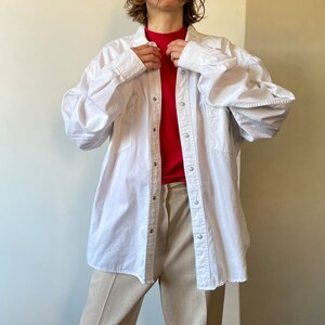 Vintage workers shirt, white oversized cotton shirt, long sleeve mens shirt, button down top, snap button workwear shirt, small medium large image 2