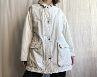 Vintage White Padded Oversized Windbreaker Jacket, 80s 90s Collared Zip Up Bomber Jacket With Flap Pockets, Small Size S