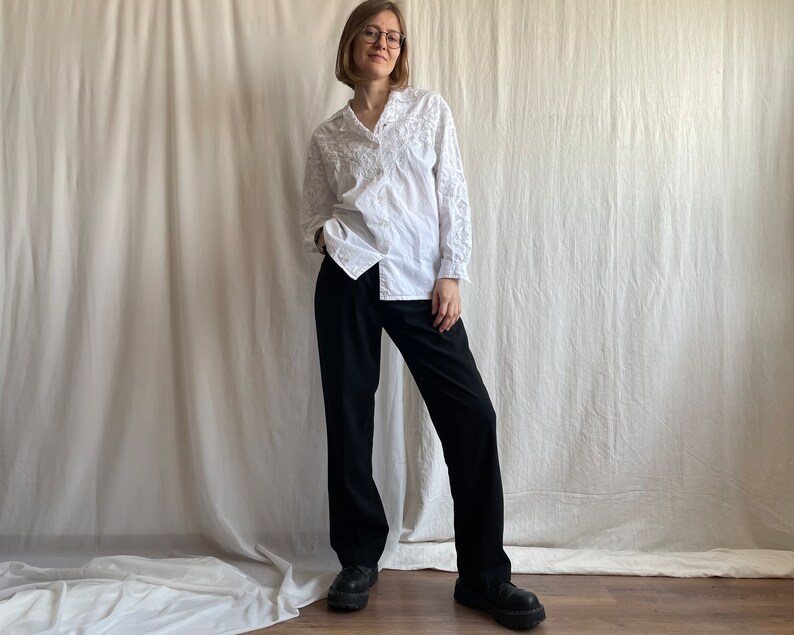 Pantalon de bureau taille haute vintage avec plis noirs Pantalon de costume noir coupe décontractée grande avec poches Petite taille moyenne S M image 5