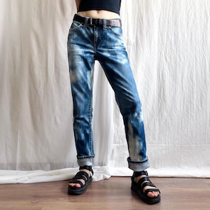 Vintage Y2K Statement Jeans, Bold Regular Waist Slim Fit Bleached Denim Pants, Small Medium Size S/M