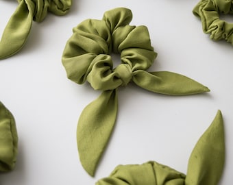 Silk scrunchie moss green bow scrunchies upcycled accessories luxurious silk zero waste repurposed silk scrunchies