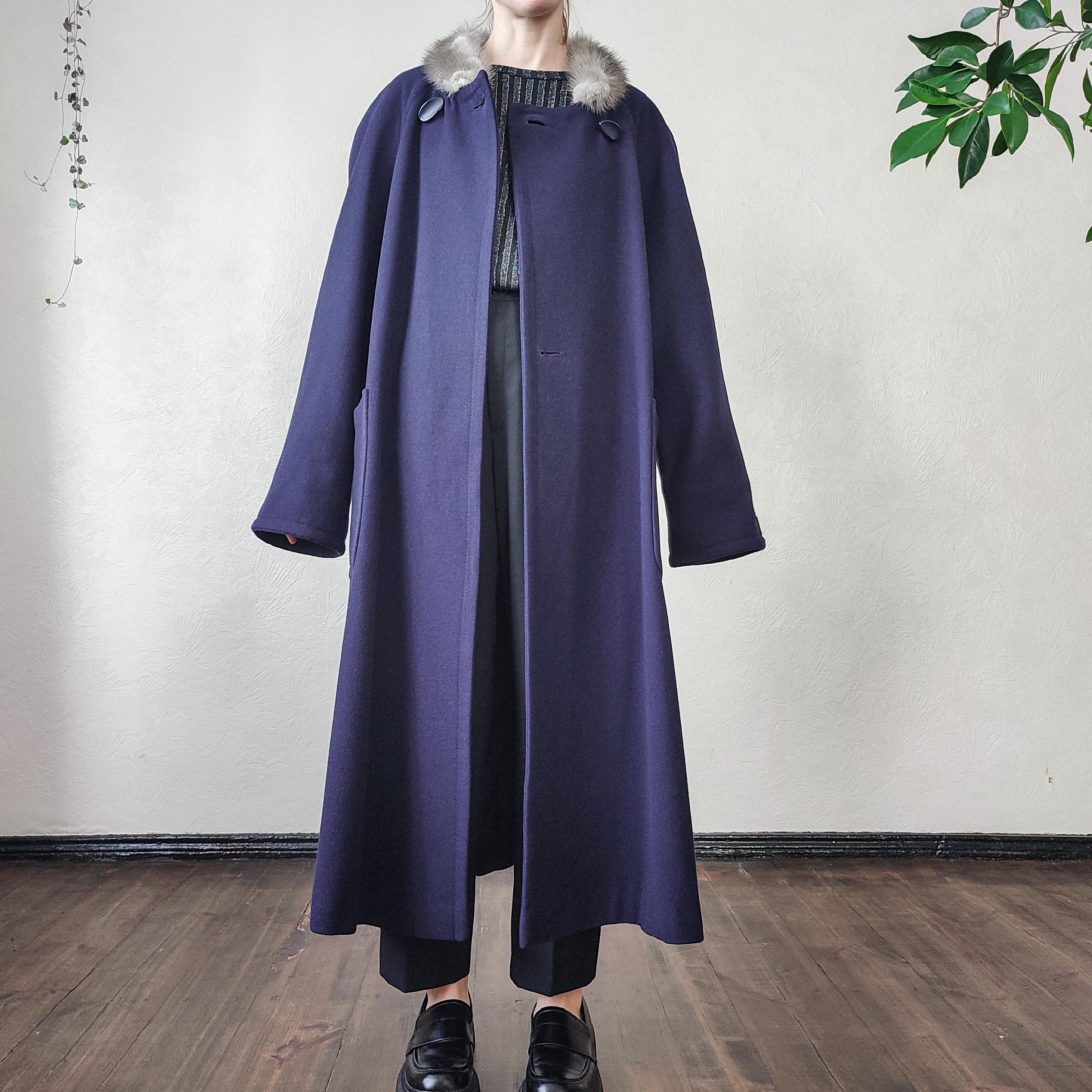 Vintage Navy Wool Maxi Coat With Gray Fur Collar - 90s Feminine