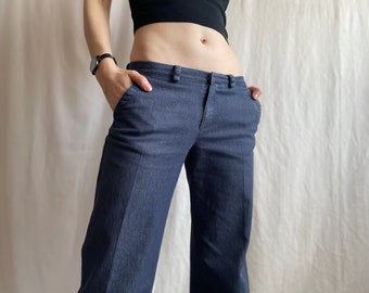 Vintage Low Waisted Wide Crease Leg Denim Pants, Y2K Side Pocket Dark Blue Jean Trousers, Small Size S