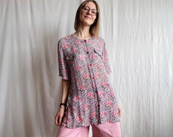 Vintage roze gebloemde chiffonblouse: viscosetop met korte mouwen, maat S