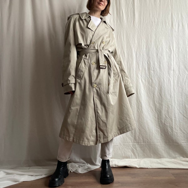 Maxi trench beige croisé vintage, pardessus ceinturé avec col à revers des années 90, moyen, très grand M L XL