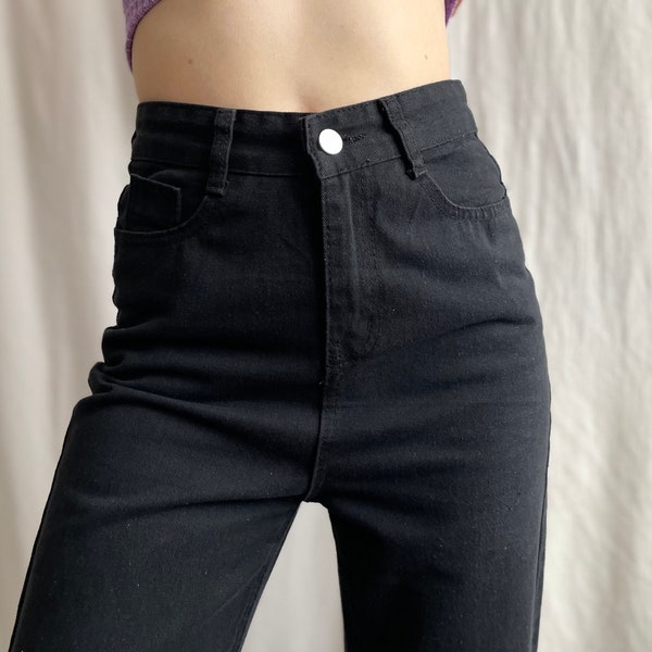 Vintage High Waisted Wide Leg Black Denim Pants, Straight Leg Baggy Drop Crotch Jean Trousers, Small Size S Petite