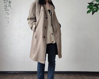 Könnte beinhalten: Ein beigefarbener Trenchcoat mit einem schwarzen Kunstfellkragen. Der Mantel hat ein doppelreihiges Design mit großen Knöpfen und Taschen. Die Person trägt eine cremefarbene Strickjacke und dunkelblaue Jeans.