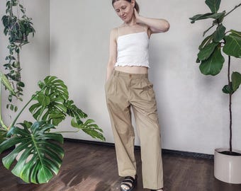 90s Luhta Wide Leg Pants - Vintage Khaki Cotton Twill Trousers - Size S/M