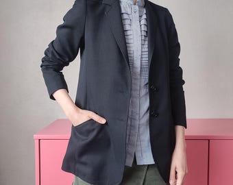 Vintage Black Wool Blazer - Tailored Single Breasted Women's Jacket - Size S