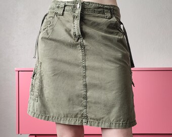 Vintage Khaki Green Knee Length Skirt - Y2k Cargo Skirt - Size S