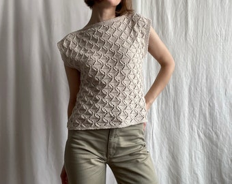 Vintage Beige Knitted Short Sleeve Cotton Top, Boxy Fit Textured Knit Sleeveless Sweater Top, Small Size S