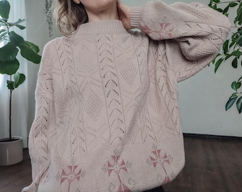 French Vintage Wool Blend Sweater – Lace Knit, Geometric Pullover (Size S/M/L)