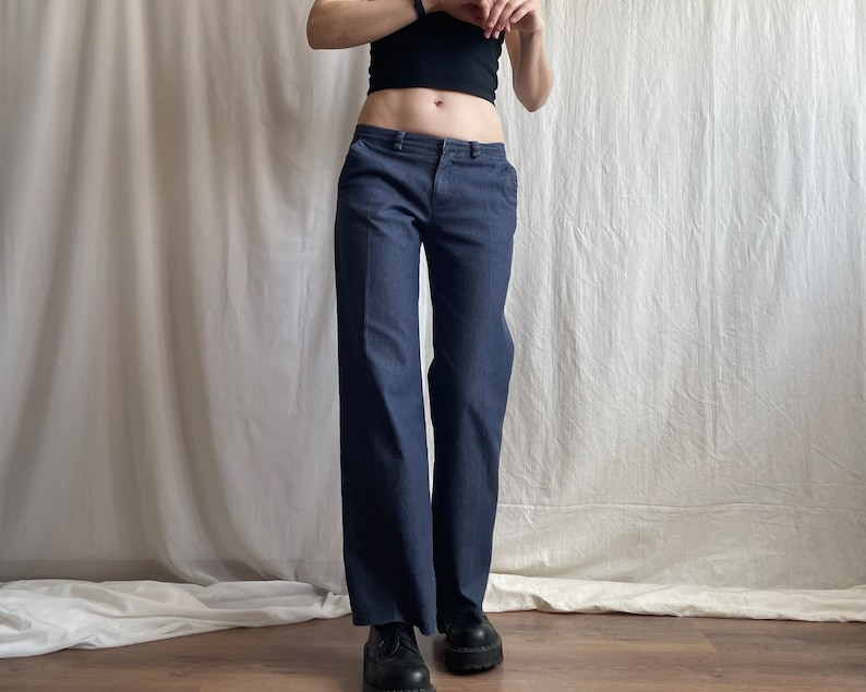 Pantalon en jean vintage taille basse à plis larges, pantalon en jean bleu foncé de l'an 2000 avec poches latérales, petite taille S image 7