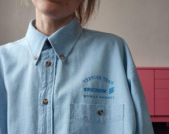 Vintage 1990s Ericsson Tech Service Team Shirt - Denim Blue Chambray Button-Down - Size L