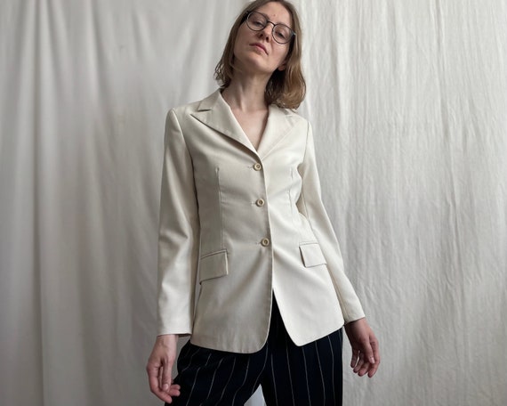 Vintage Fitted Single Breasted Longline Blazer in Light Cream Lapel Collar Suit Jacket With Pockets Extra Small Size XS Etsy Israel