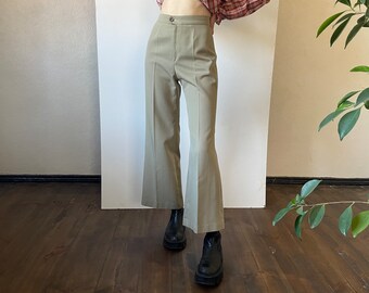 Vintage wide leg trousers, High waisted flares, Flare pants, 70s flares, Front crease ecru beige green pants, Anna Modeller, Small size