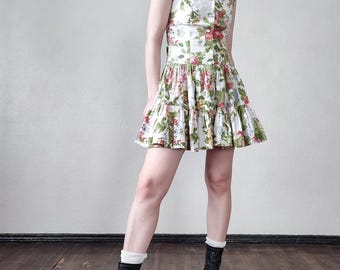 Vintage Front Button Floral Mini Dress with Full Tiered Skirt - Size XS/S