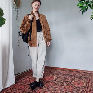 Vintage Suede Bomber Jacket, Iconic Leather Jacket in Caramel Brown Pig Spilt Suede with Zipper, Size M or Oversized